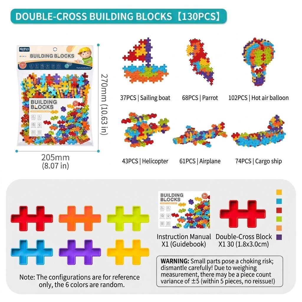 6-Color Mix Double Cross Building Blocks Set for Kids - Creative STEM Early view 7