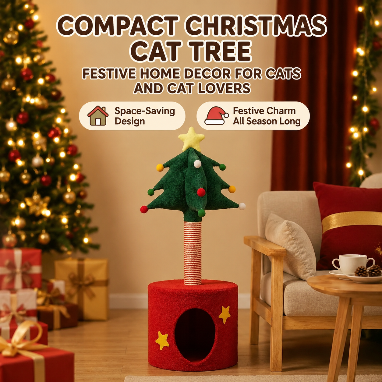 Festive Christmas Tree Cat Scratcher and Cozy Hideaway Condo – All-in-One Cat view 3