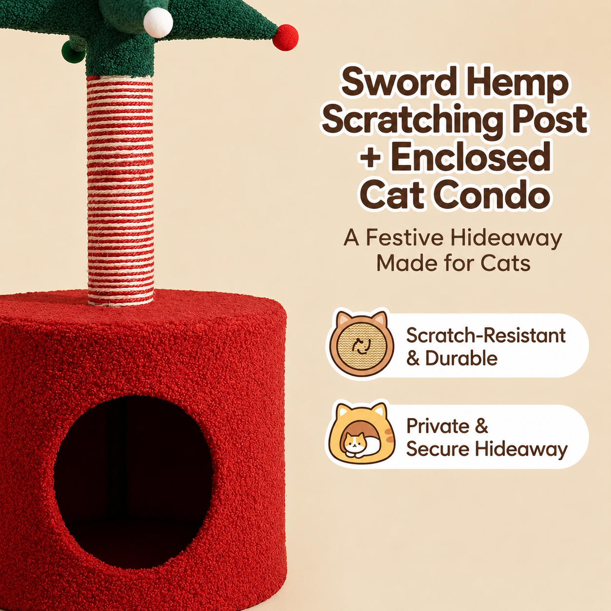 Festive Christmas Tree Cat Scratcher and Cozy Hideaway Condo – All-in-One Cat view 4