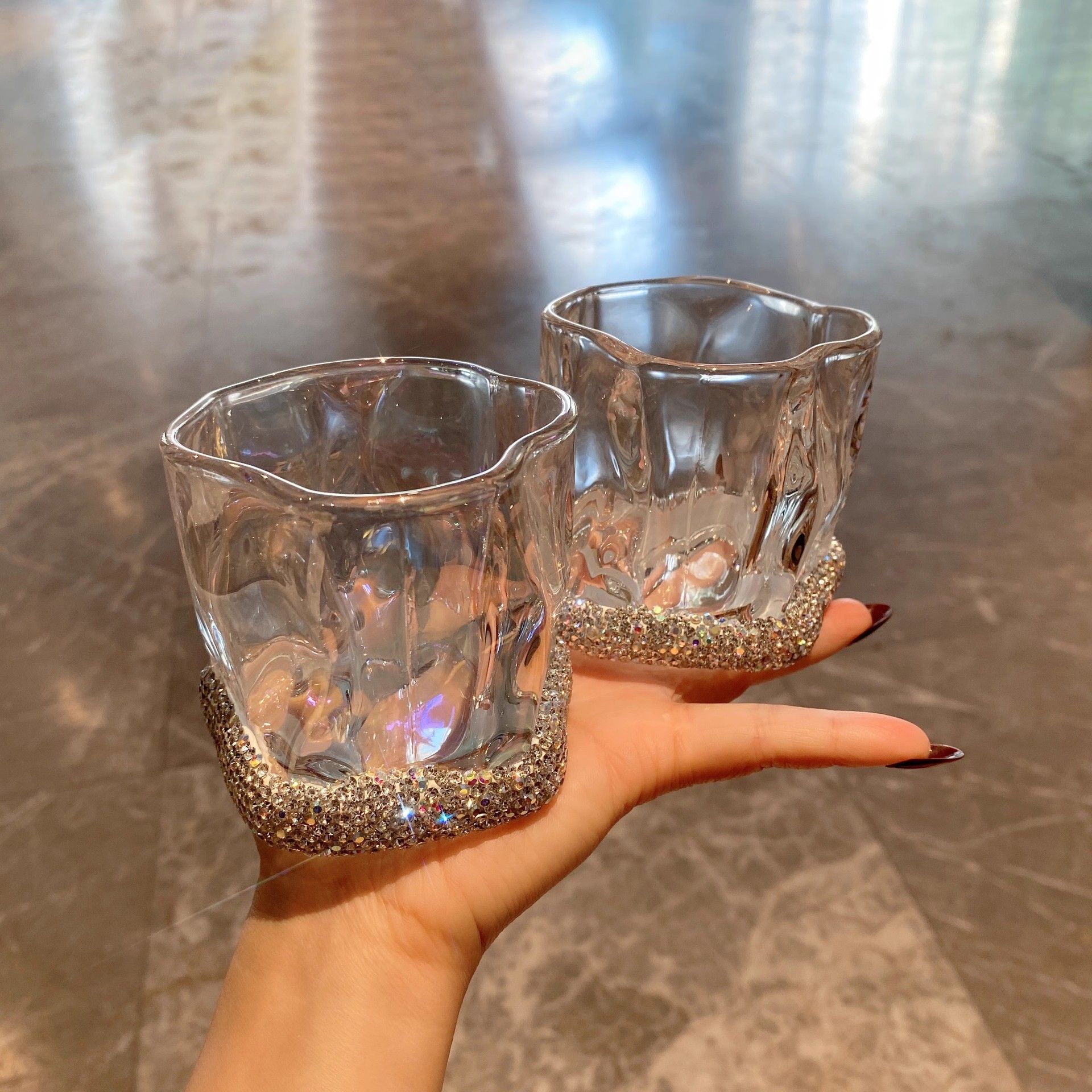 Elegant Twist Glass Cup with Rhinestone Base for Whiskey Cocktails Sparkling