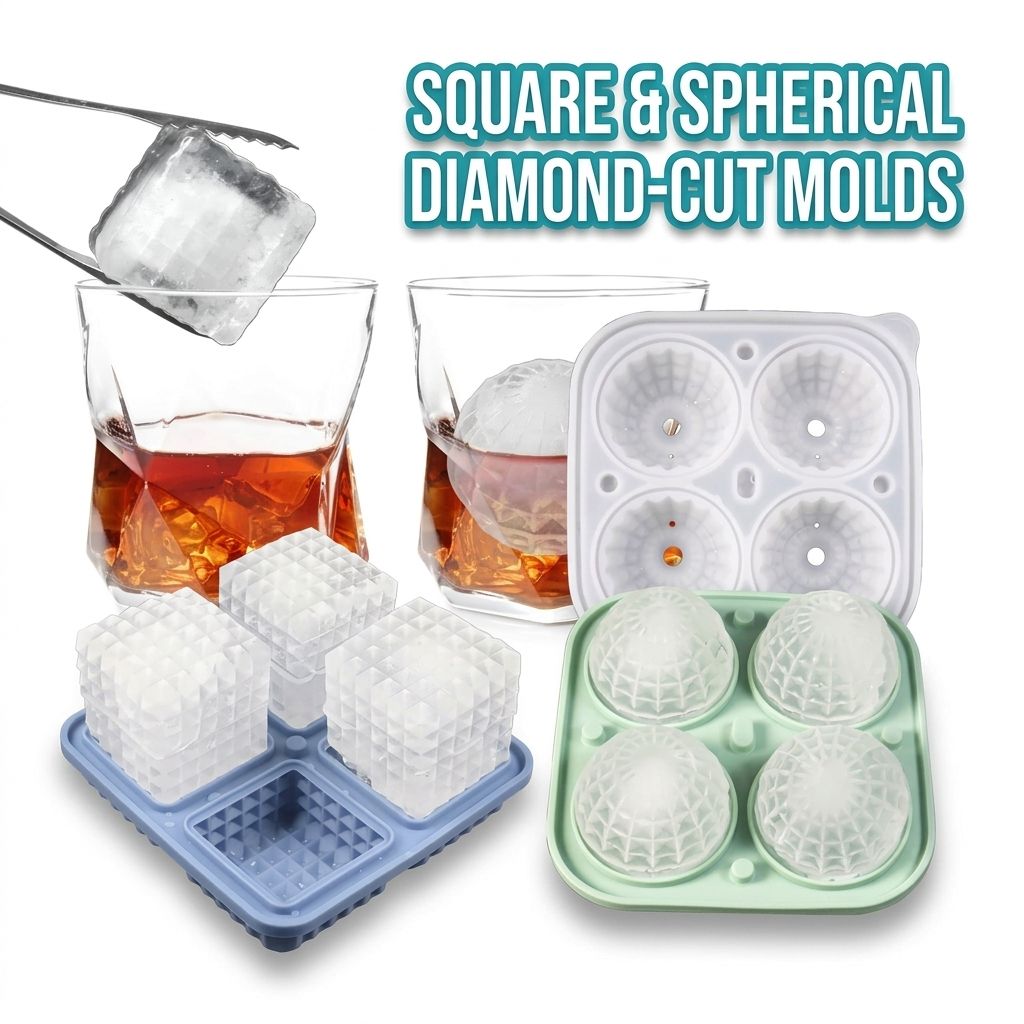Diamond Facet Silicone Ice Cube Tray with Funnel Lid – Set of Square & Sphere view 2