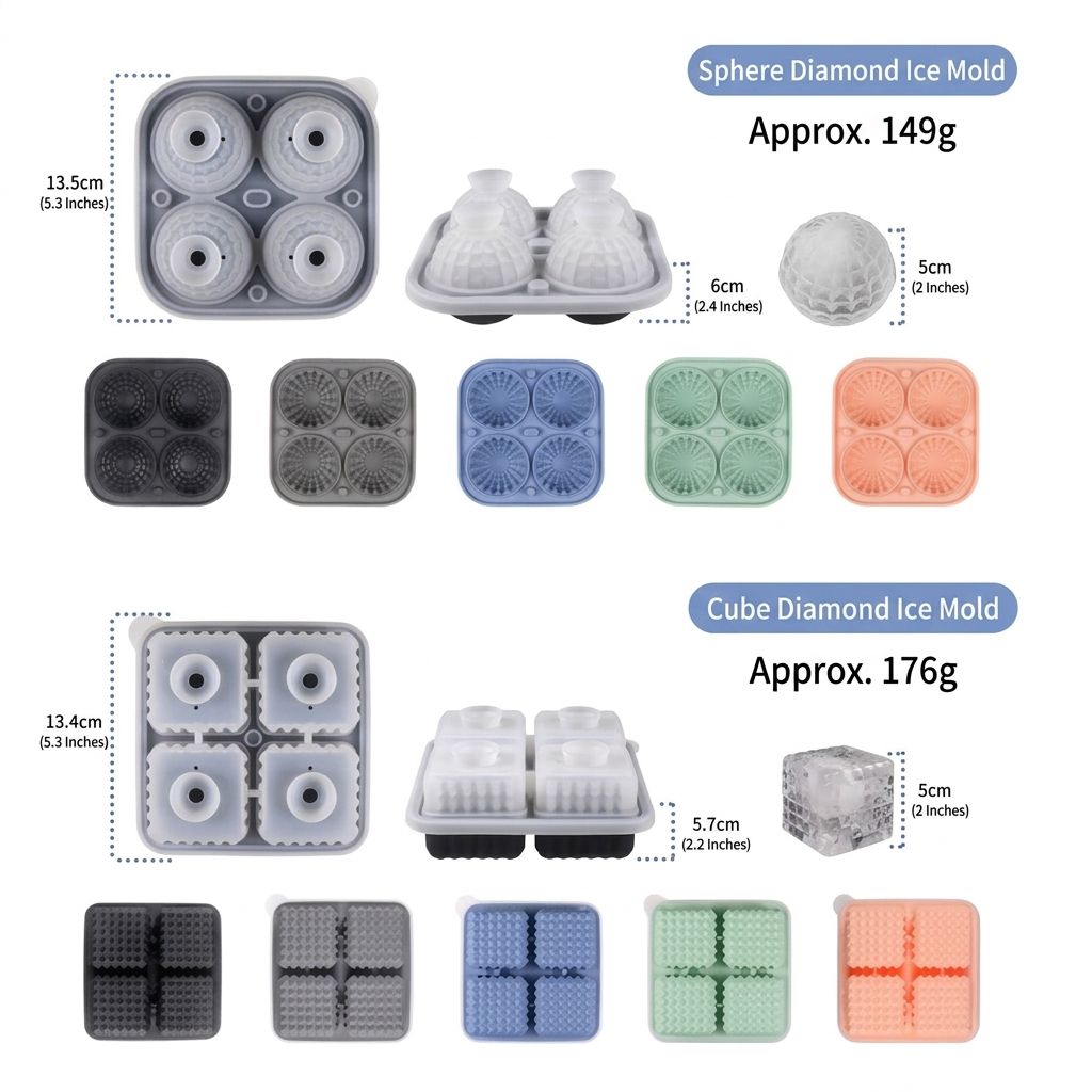 Diamond Facet Silicone Ice Cube Tray with Funnel Lid – Set of Square & Sphere view 3