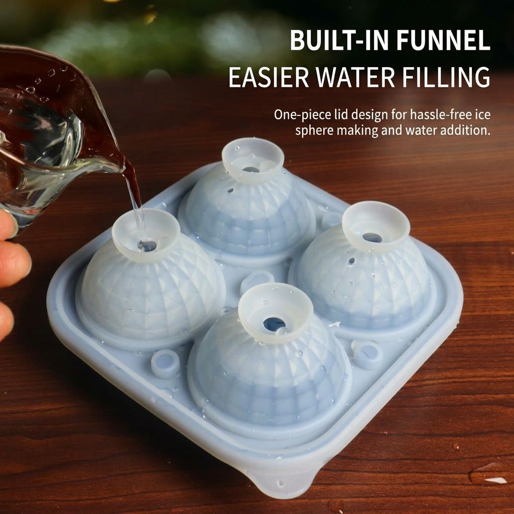 Diamond Facet Silicone Ice Cube Tray with Funnel Lid – Set of Square & Sphere view 6