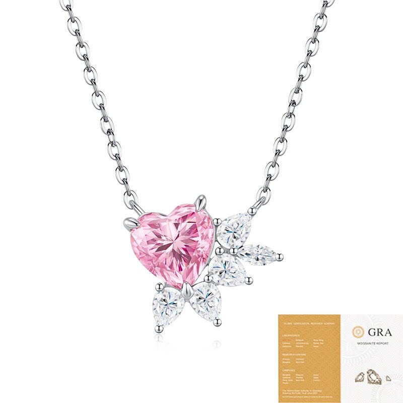 Elegant Pink Heart Moissanite Necklace in Sterling Silver with Sparkling