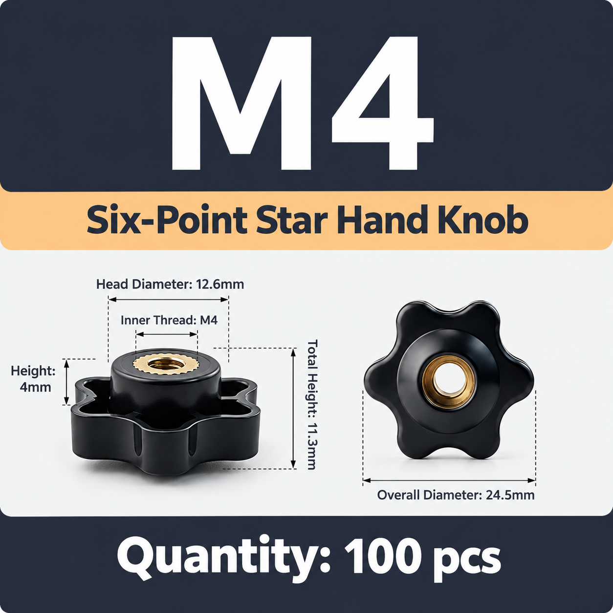 Six-Lobe Star Through-Hole Hand Knob Tightening Fastener with Brass Internal