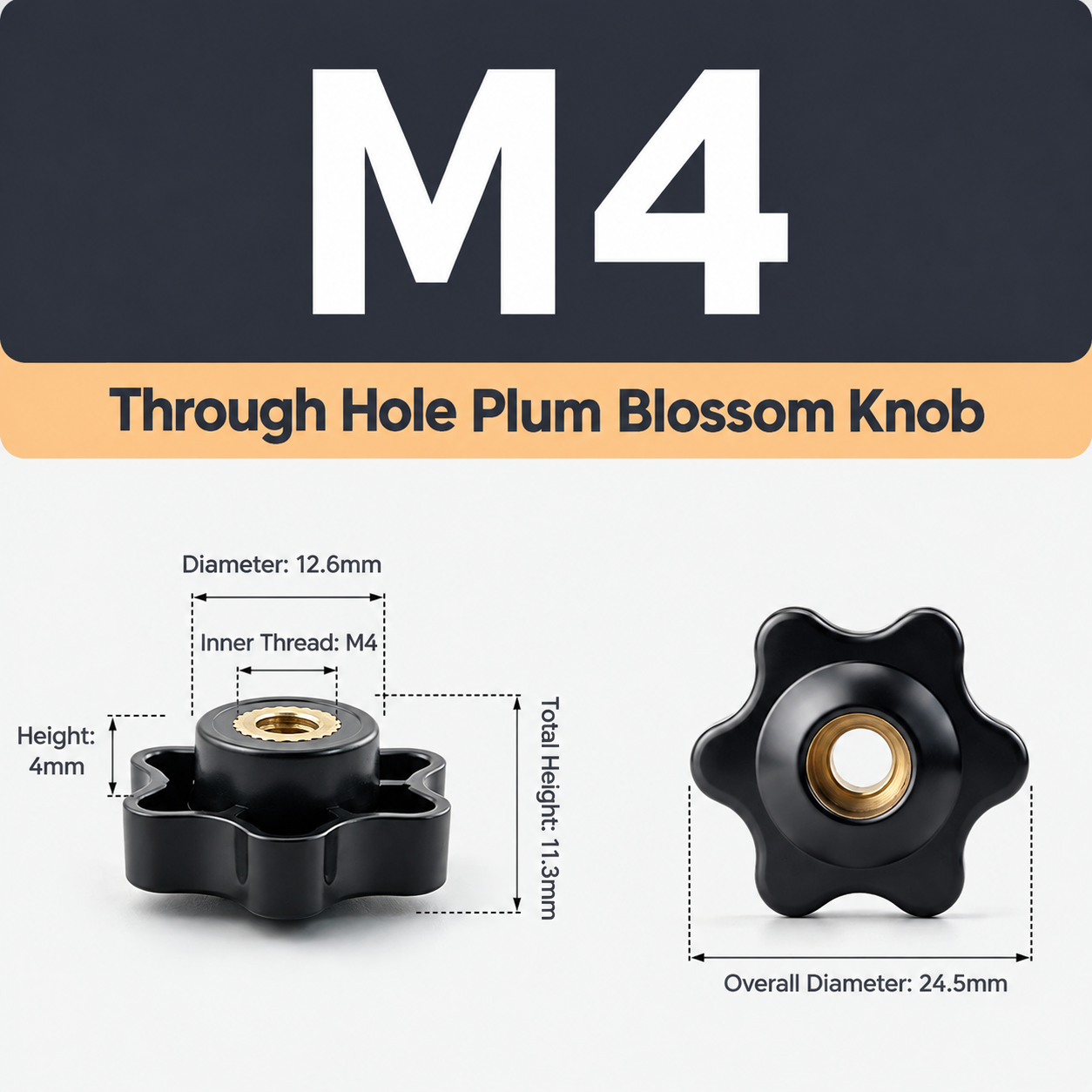 Six-Lobe Star Through-Hole Hand Knob Tightening Fastener with Brass Internal view 3