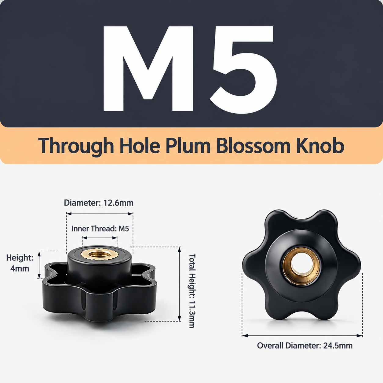 Six-Lobe Star Through-Hole Hand Knob Tightening Fastener with Brass Internal view 4