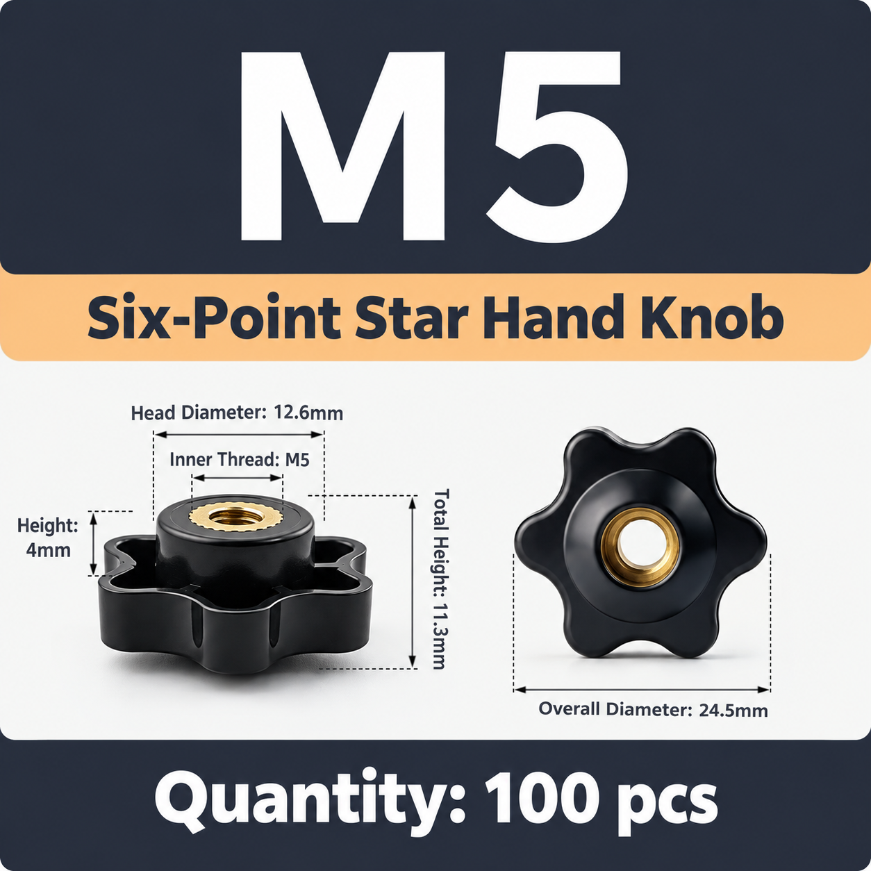 Six-Lobe Star Through-Hole Hand Knob Tightening Fastener with Brass Internal