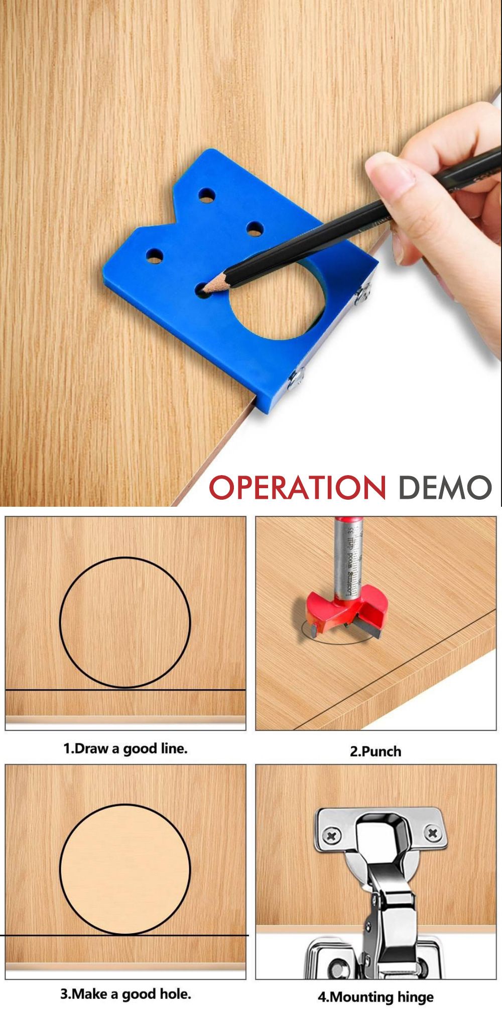 Hinge Hole Locator Kit with 35mm Forstner Bit and Hex Wrench for Cabinet Door view 10