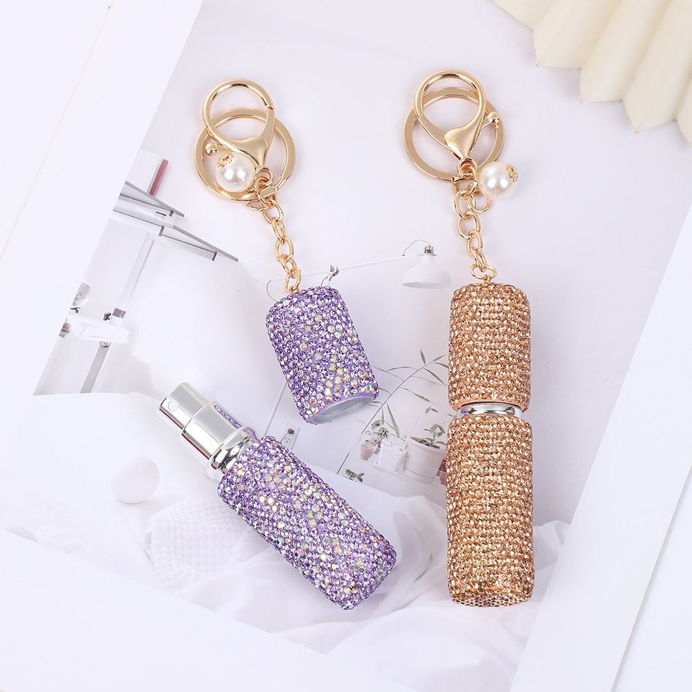Rhinestone Mini Refillable Spray Bottle Keychain Charm with Faux Pearl Chain view 4