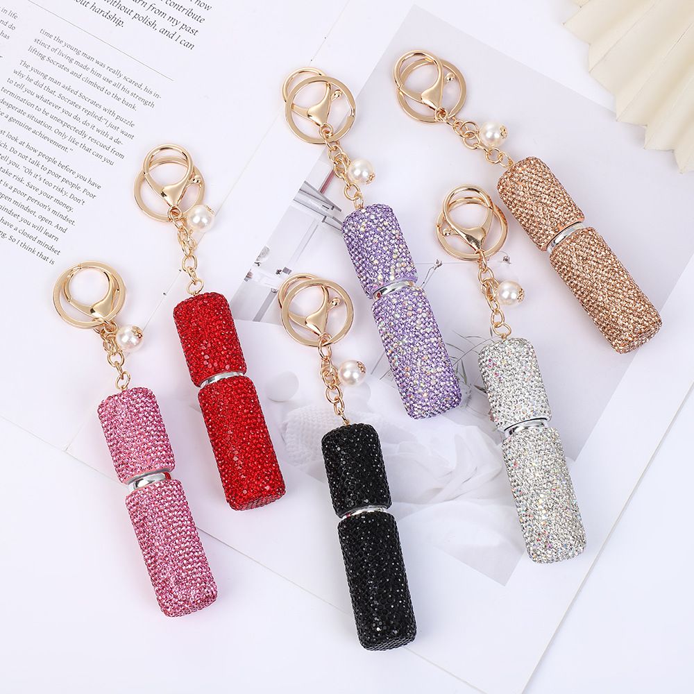 Rhinestone Mini Refillable Spray Bottle Keychain Charm with Faux Pearl Chain view 3