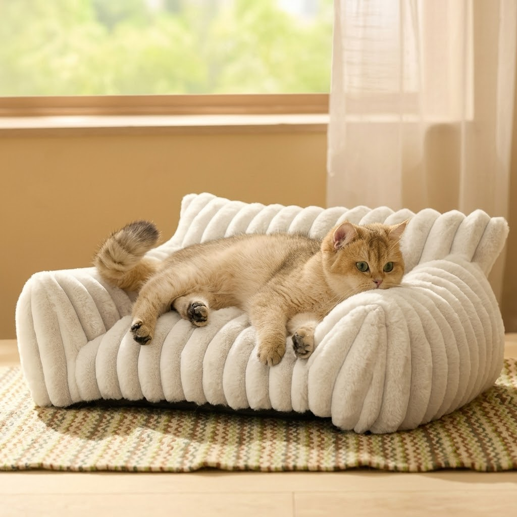 Luxurious Faux Rabbit Fur Plush Pet Sofa Bed with Bolster Sides