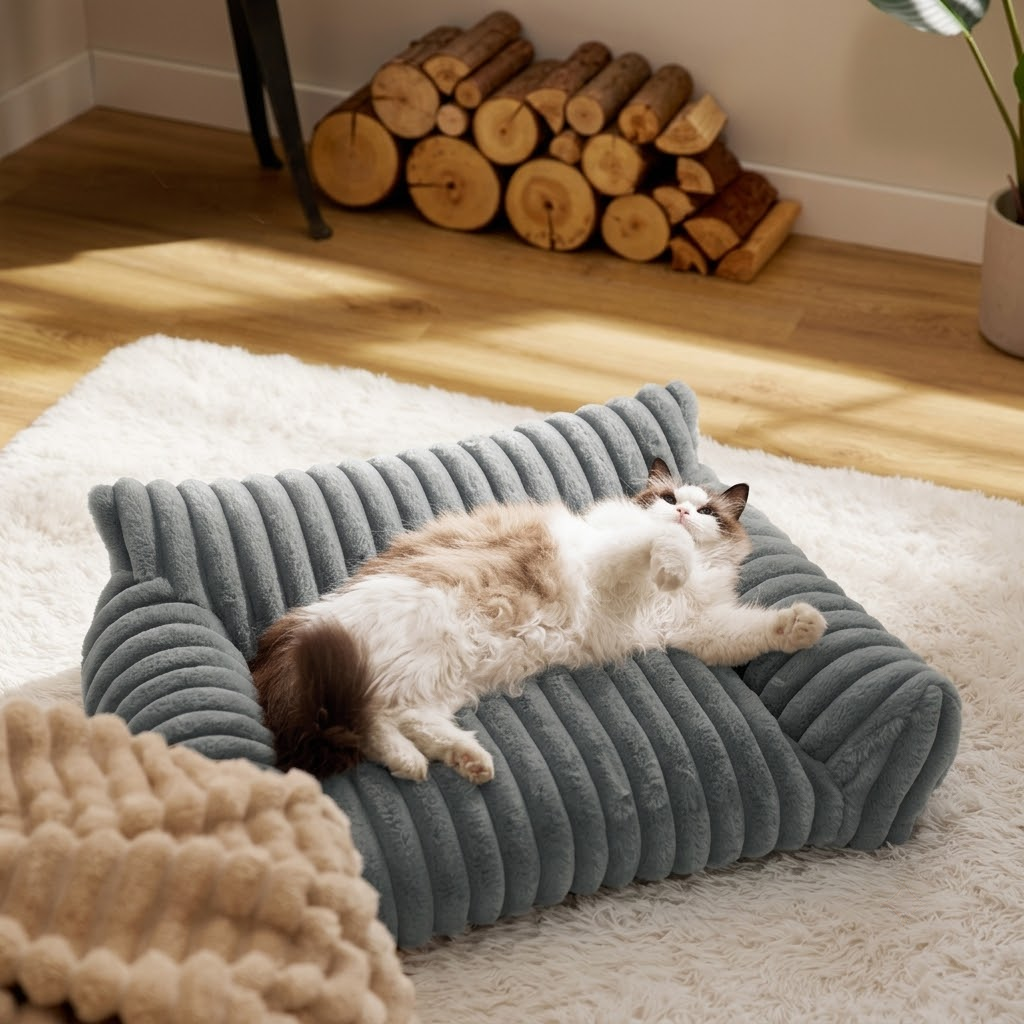 Luxurious Faux Rabbit Fur Plush Pet Sofa Bed with Bolster Sides view 9