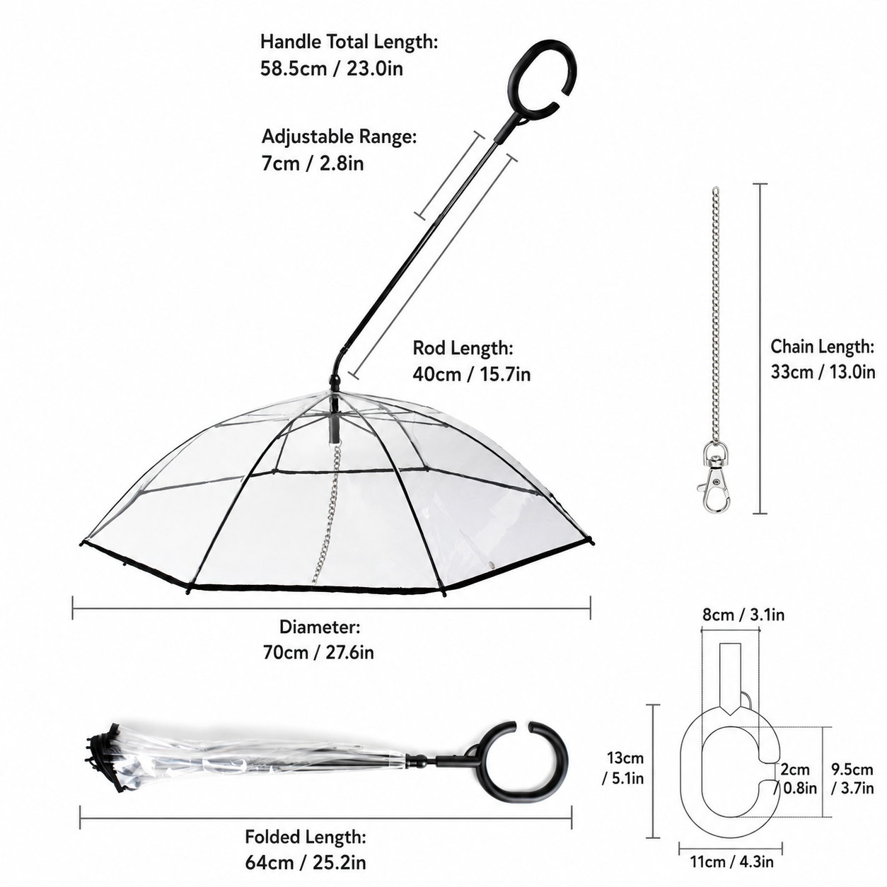 C-Handle Pet Umbrella with Leash Hook – Hands-Free Transparent Rain Protection view 2