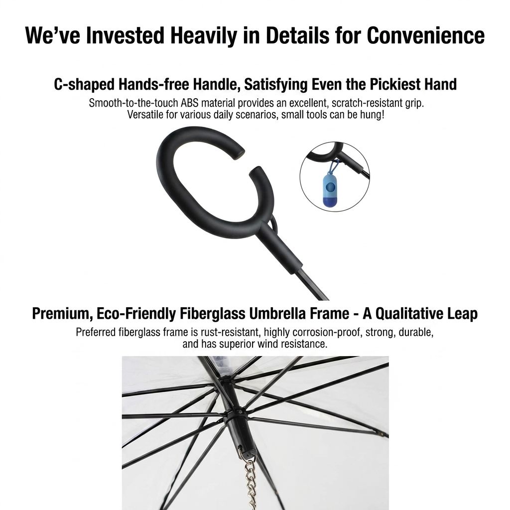 C-Handle Pet Umbrella with Leash Hook – Hands-Free Transparent Rain Protection view 8