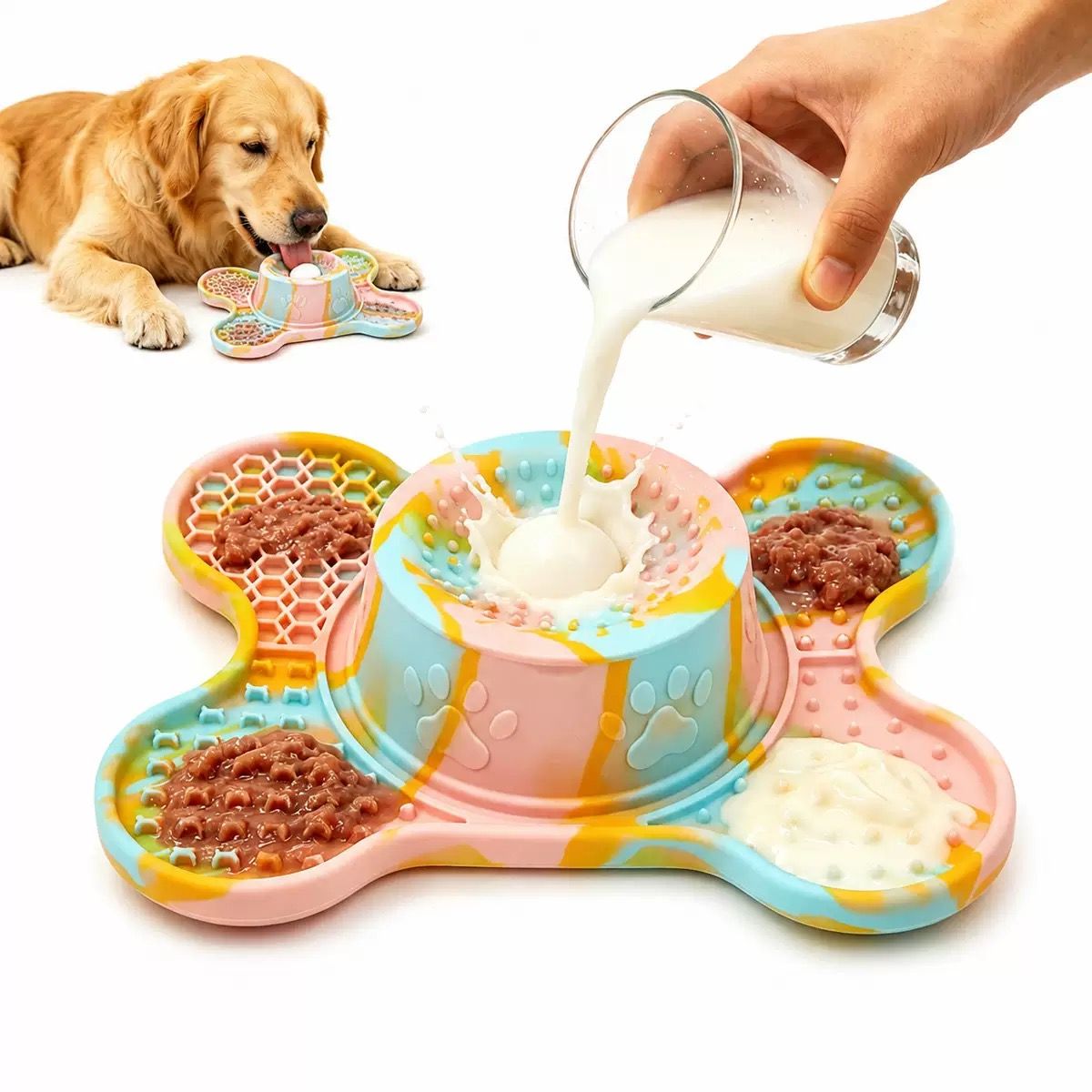 3-in-1 Bone-Shaped Slow Feeder Licking Mat with Removable Rolling Ball
