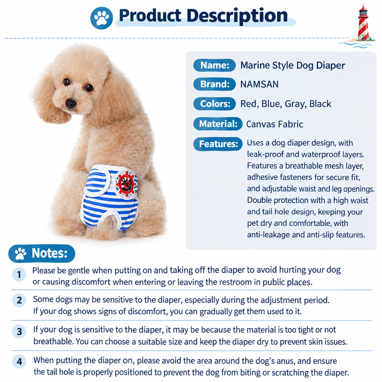 Washable Dog Physiological Underwear with Nautical Striped Design view 5