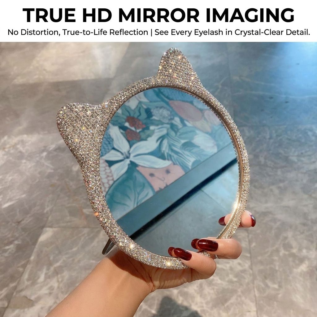 Crystal Cat Ear Vanity Mirror with Bling Rhinestone Frame view 5