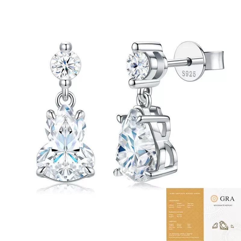 Elegant S925 Silver Moissanite Gourd Earrings with Round Stud and Pear-Shaped