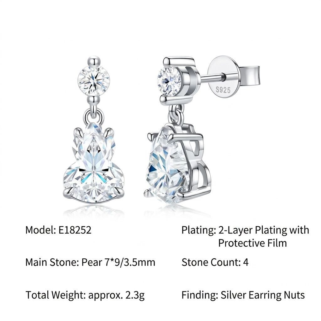 Elegant S925 Silver Moissanite Gourd Earrings with Round Stud and Pear-Shaped view 2