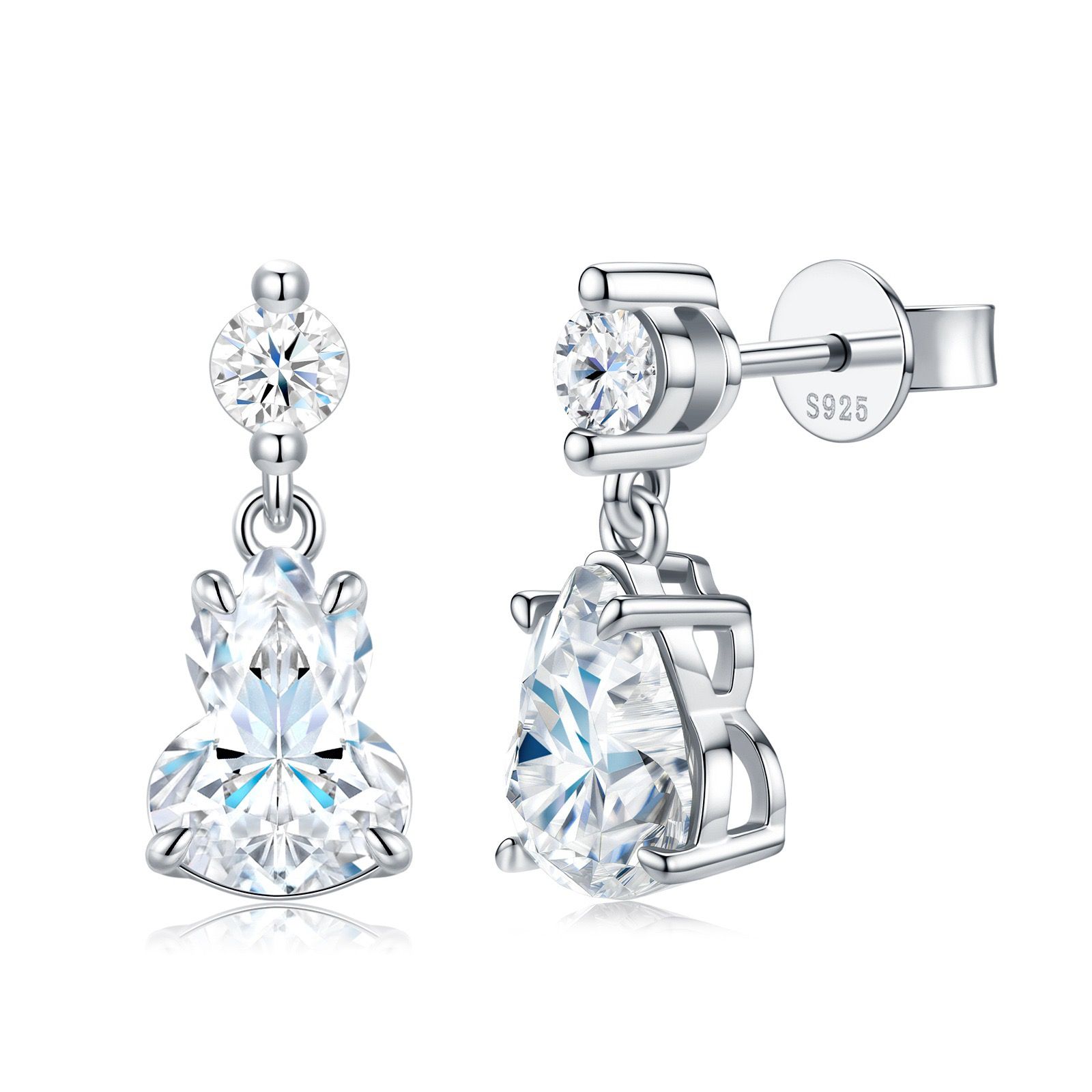 Elegant S925 Silver Moissanite Gourd Earrings with Round Stud and Pear-Shaped view 4