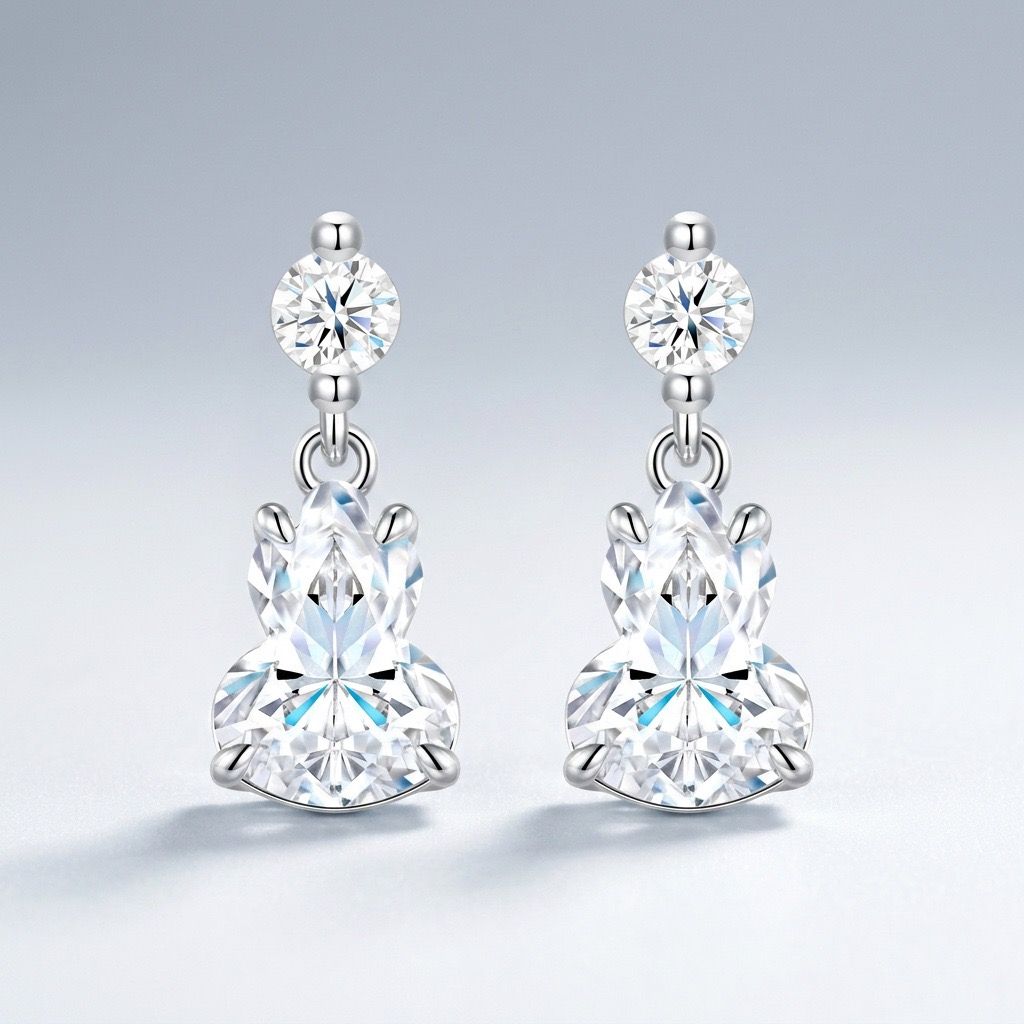 Elegant S925 Silver Moissanite Gourd Earrings with Round Stud and Pear-Shaped view 6