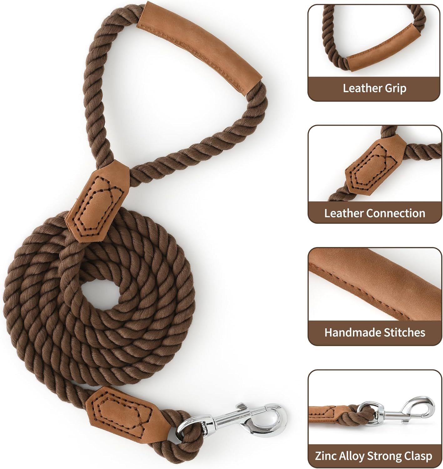 Classic Braided Dog Leash with Genuine Leather Handle and Heavy Duty Metal view 7