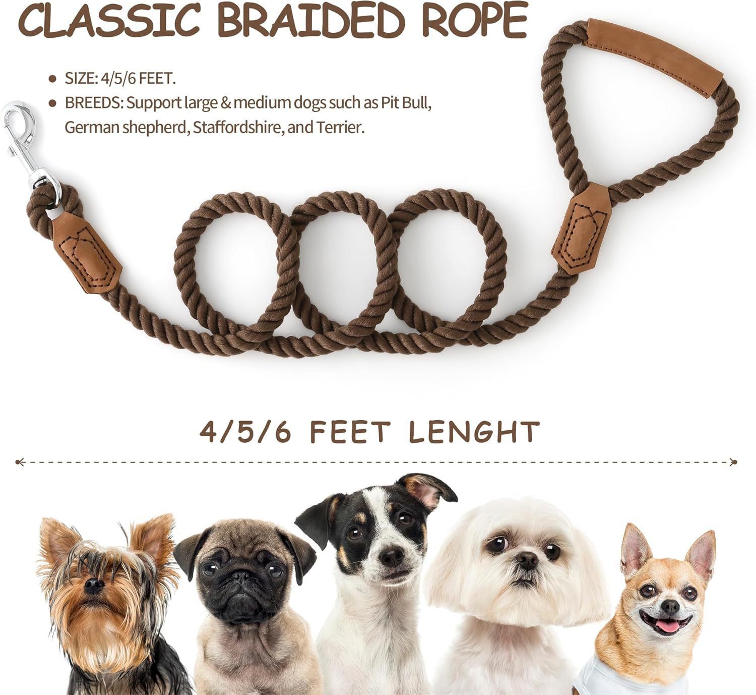 Classic Braided Dog Leash with Genuine Leather Handle and Heavy Duty Metal view 8