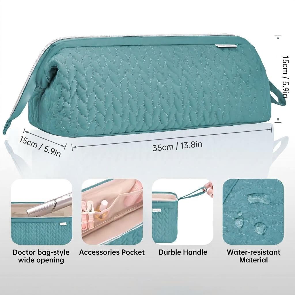 Waterproof Quilted Hair Styling Tool Organizer Travel Makeup Bag with Wide view 2