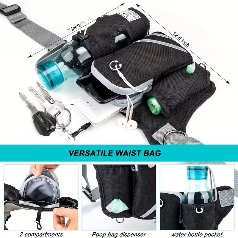 Hands-Free Dog Walking Waist Pack with Bungee Leash Set – Adjustable Running view 2