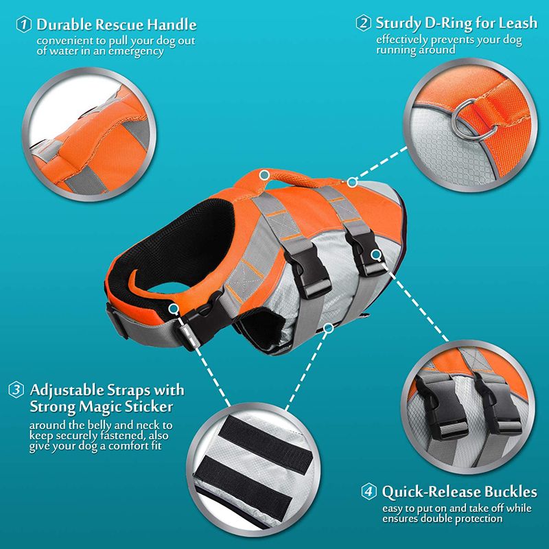 Dog Life Jacket Pet Swim Vest with Rescue Handle Reflective Strips Adjustable view 6