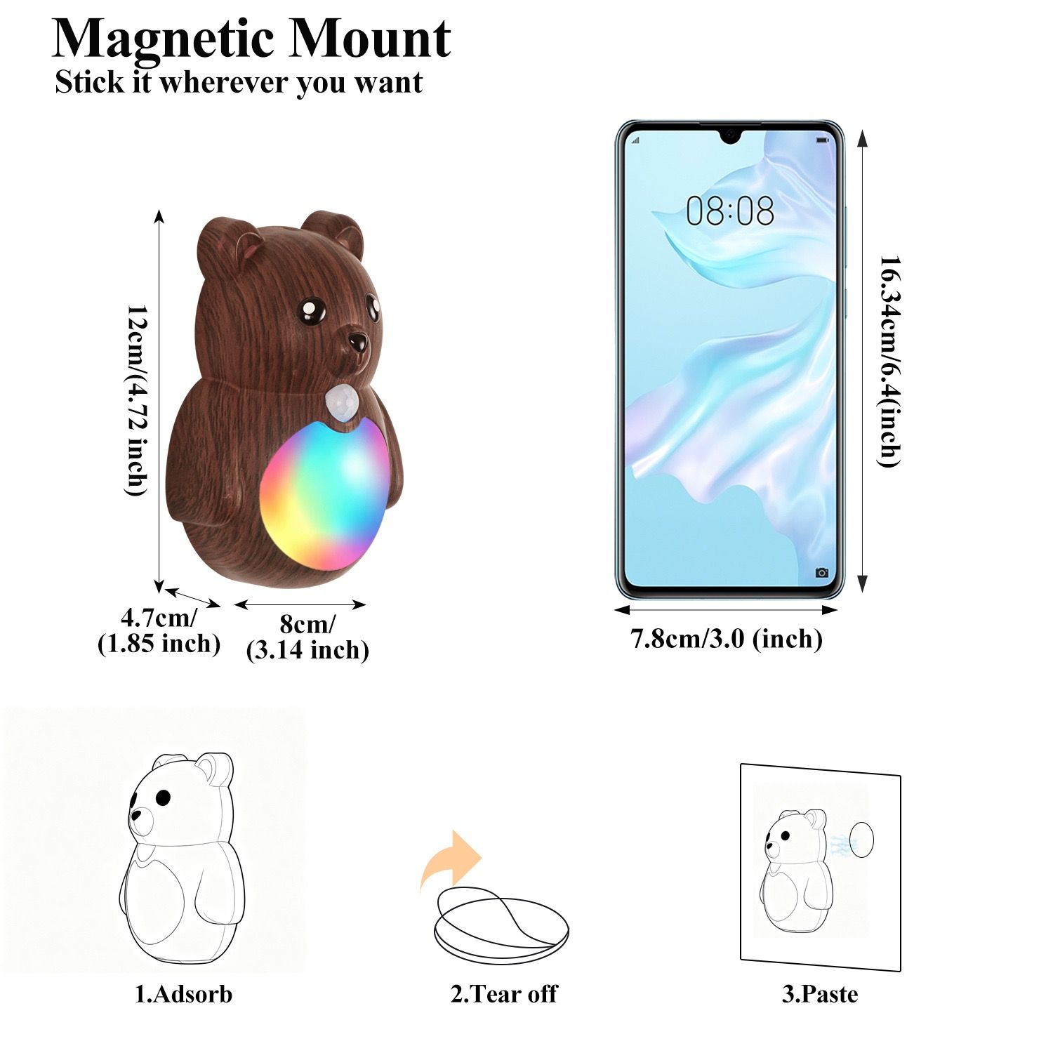 Adorable Cartoon Bear Magnetic Motion Sensor Night Light – Rechargeable LED view 2