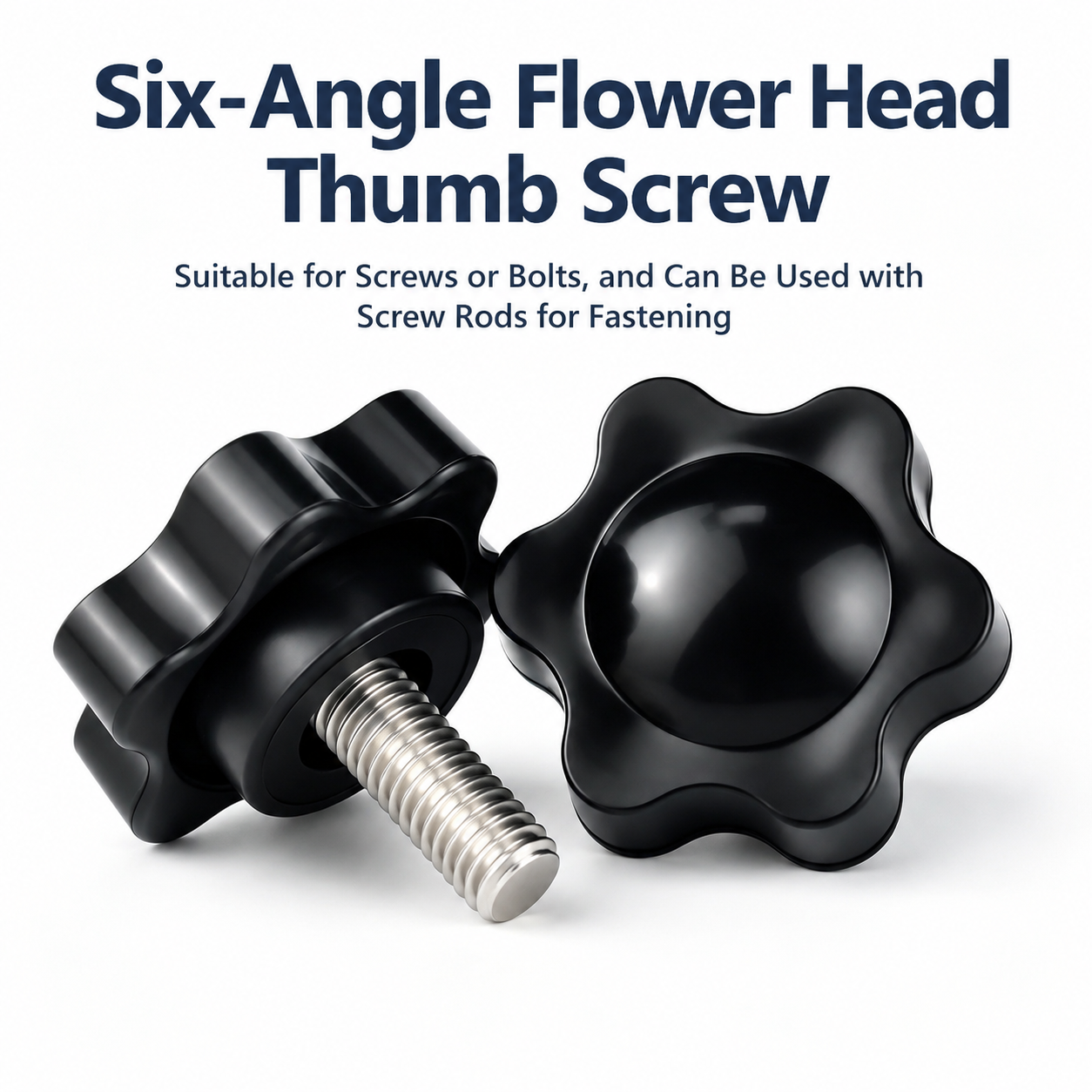 Black Six-Lobe Star Shaped Thumb Screws with Metal Threaded Stud view 2