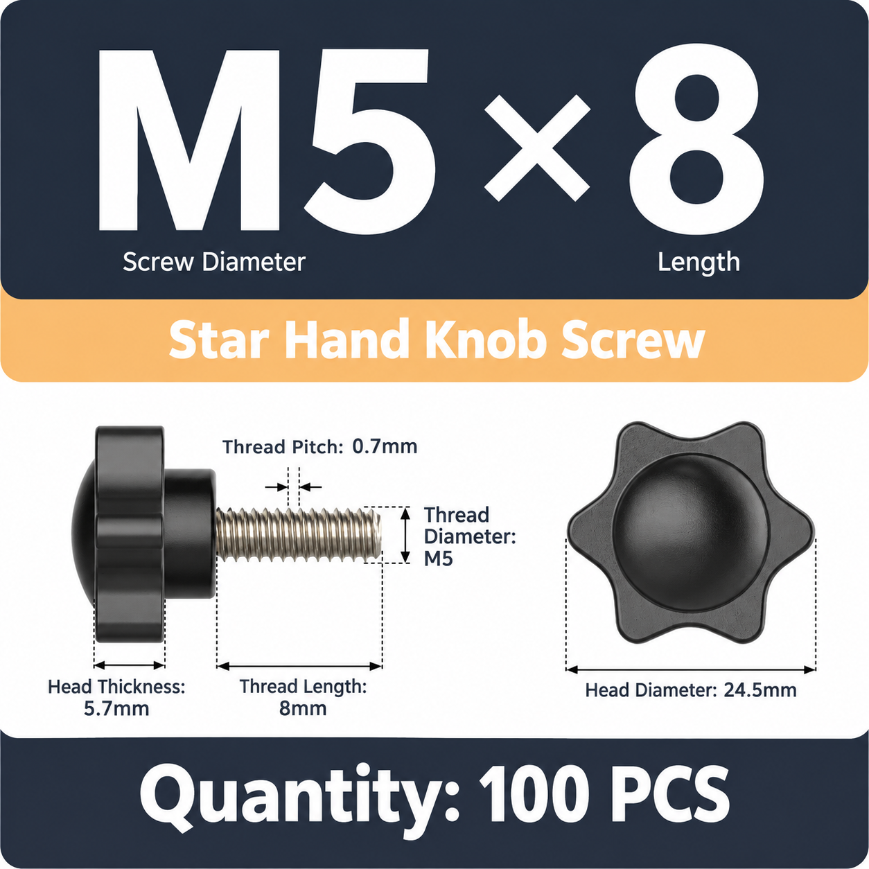 Black Six-Lobe Star Shaped Thumb Screws with Metal Threaded Stud view 8