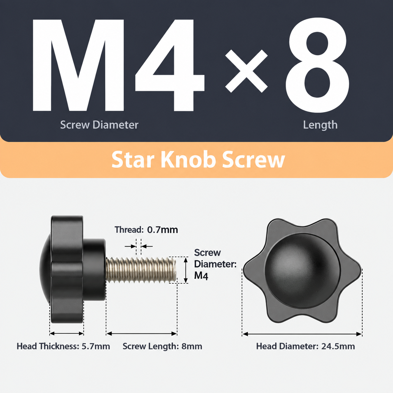 Black Six-Lobe Star Shaped Thumb Screws with Metal Threaded Stud view 3
