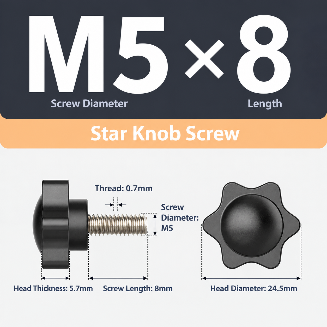 Black Six-Lobe Star Shaped Thumb Screws with Metal Threaded Stud view 4