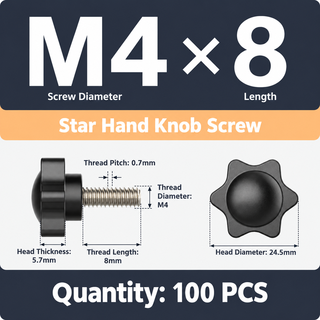 Black Six-Lobe Star Shaped Thumb Screws with Metal Threaded Stud view 8