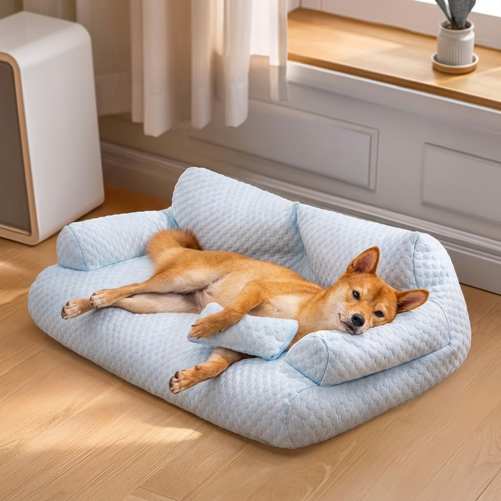 Cooling Ice Silk Pet Sofa Bed with 5D Massage Particles and Removable Washable view 12