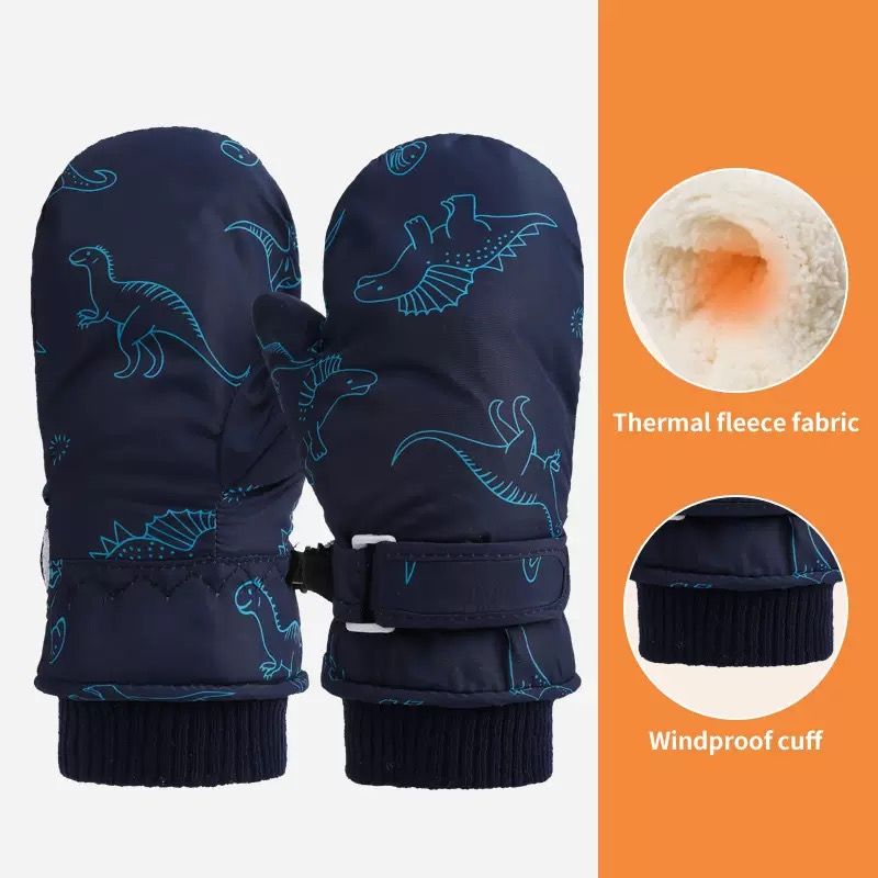 Kids' Dinosaur Patterned Warm Ski Mittens with Waterproof Shell view 3