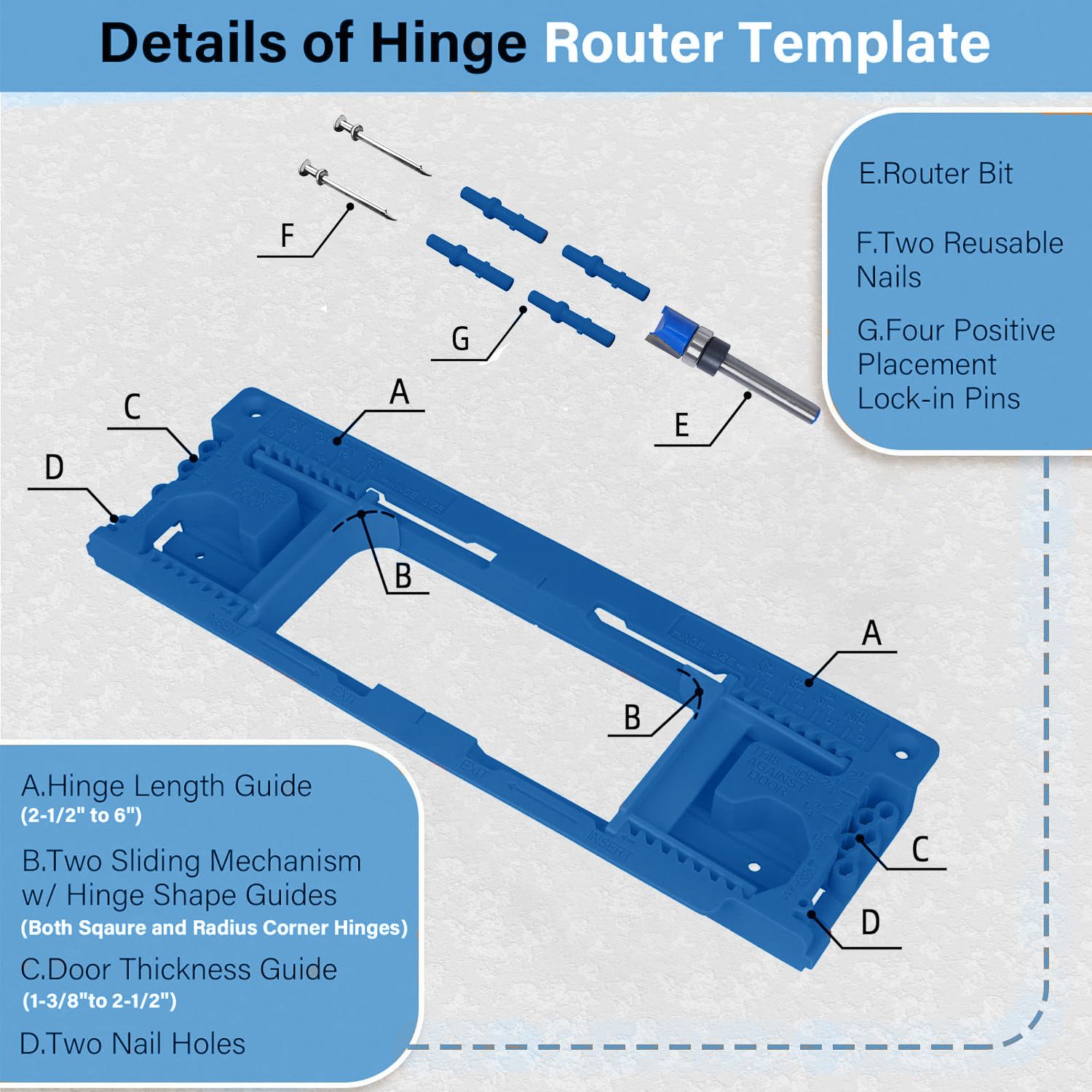 Adjustable Door Hinge Routing Template Jig Kit with Alloy Trimming Bit and view 6