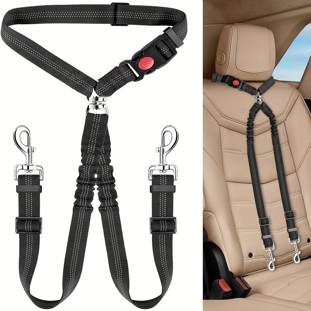 Dual-Head Pet Car Seat Belt with 360° Swivel Tangle-Free Leash for Two Dogs view 2