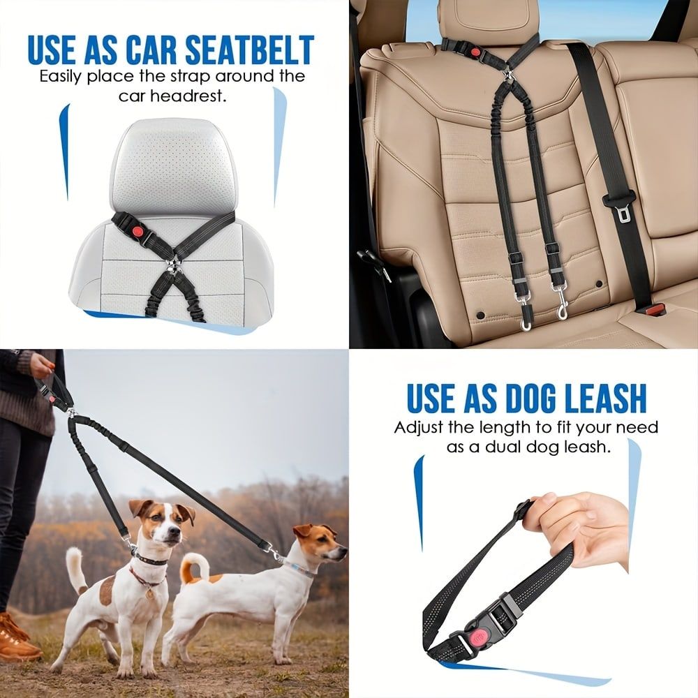 Dual-Head Pet Car Seat Belt with 360° Swivel Tangle-Free Leash for Two Dogs view 4