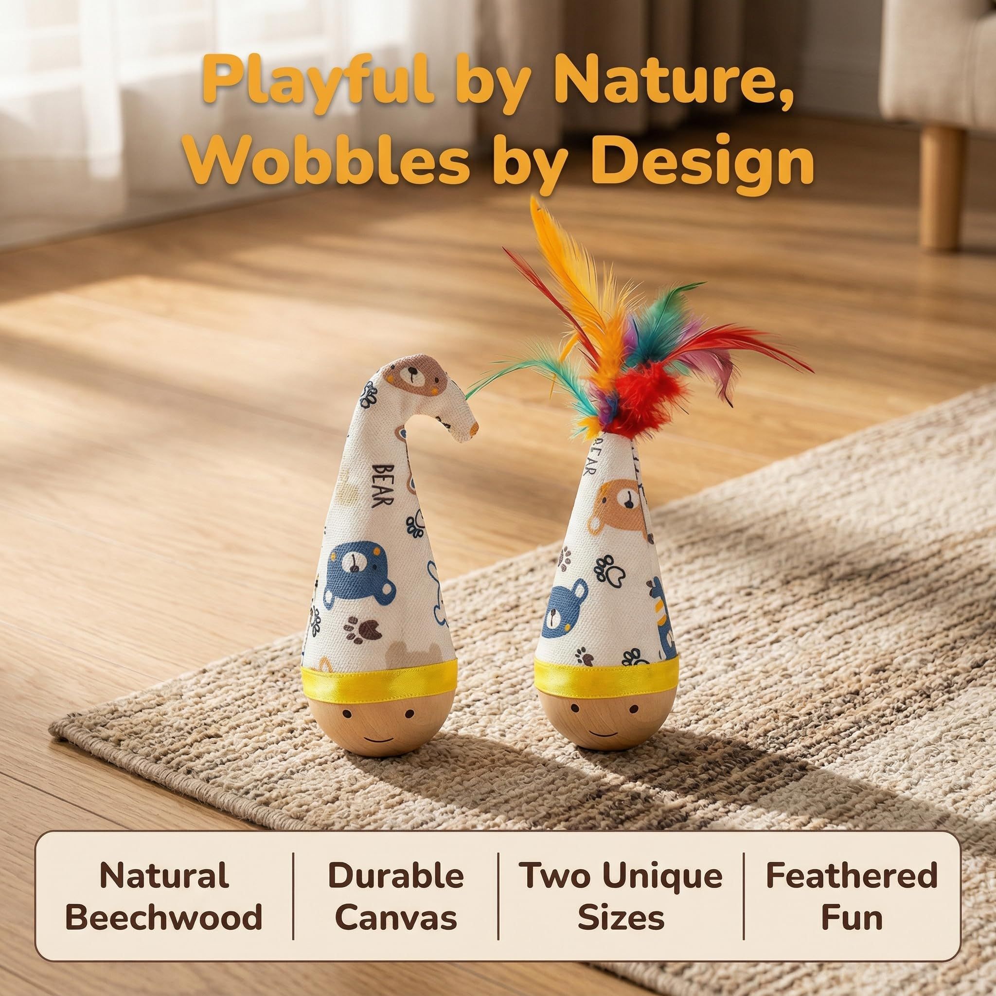 Self-Righting Pet Toy with Natural Wood Base and Durable Fabric Top view 3