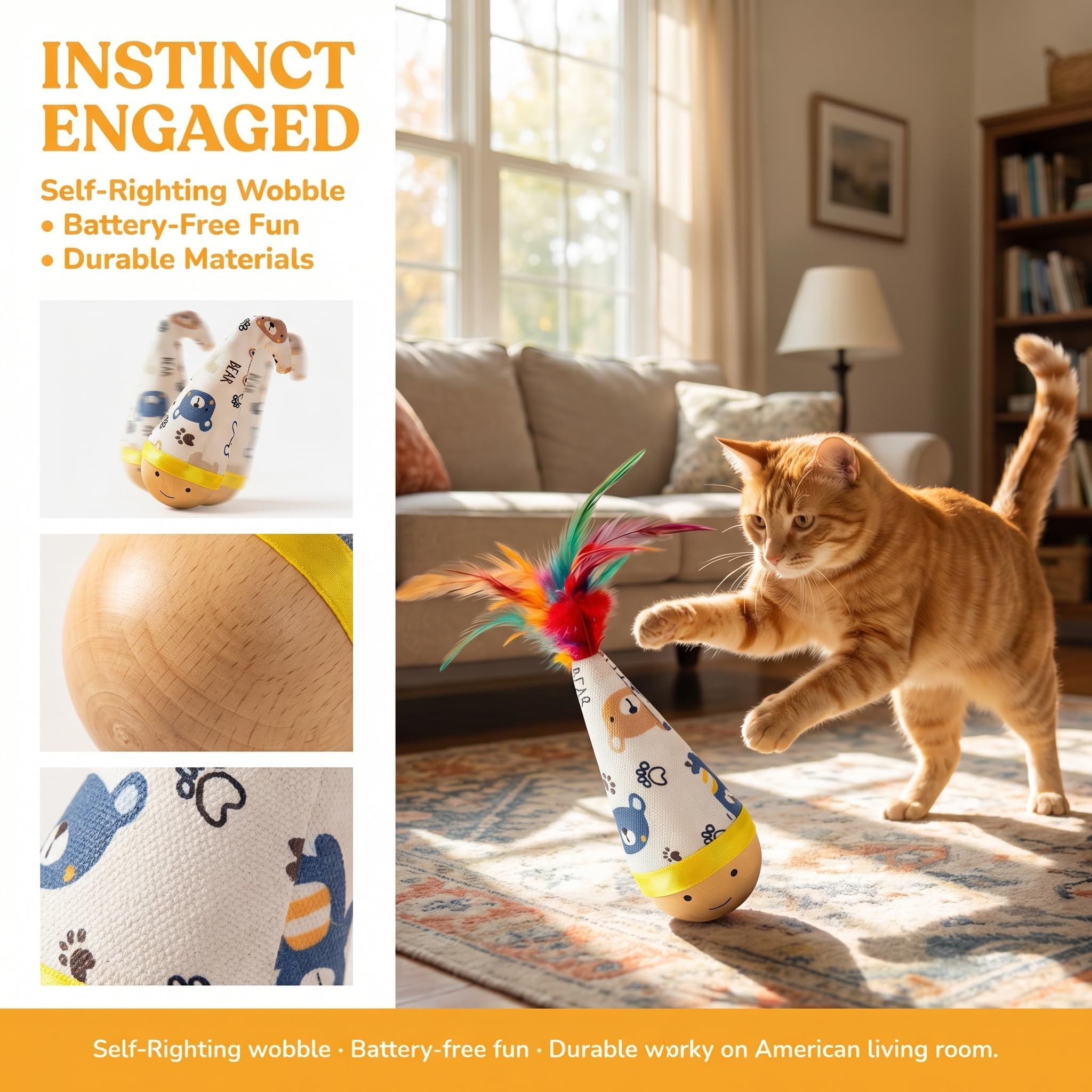 Self-Righting Pet Toy with Natural Wood Base and Durable Fabric Top view 4