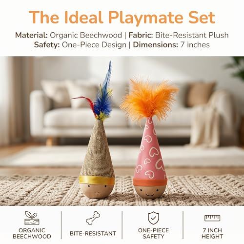 Self-Righting Pet Toy with Natural Wood Base and Durable Fabric Top view 7