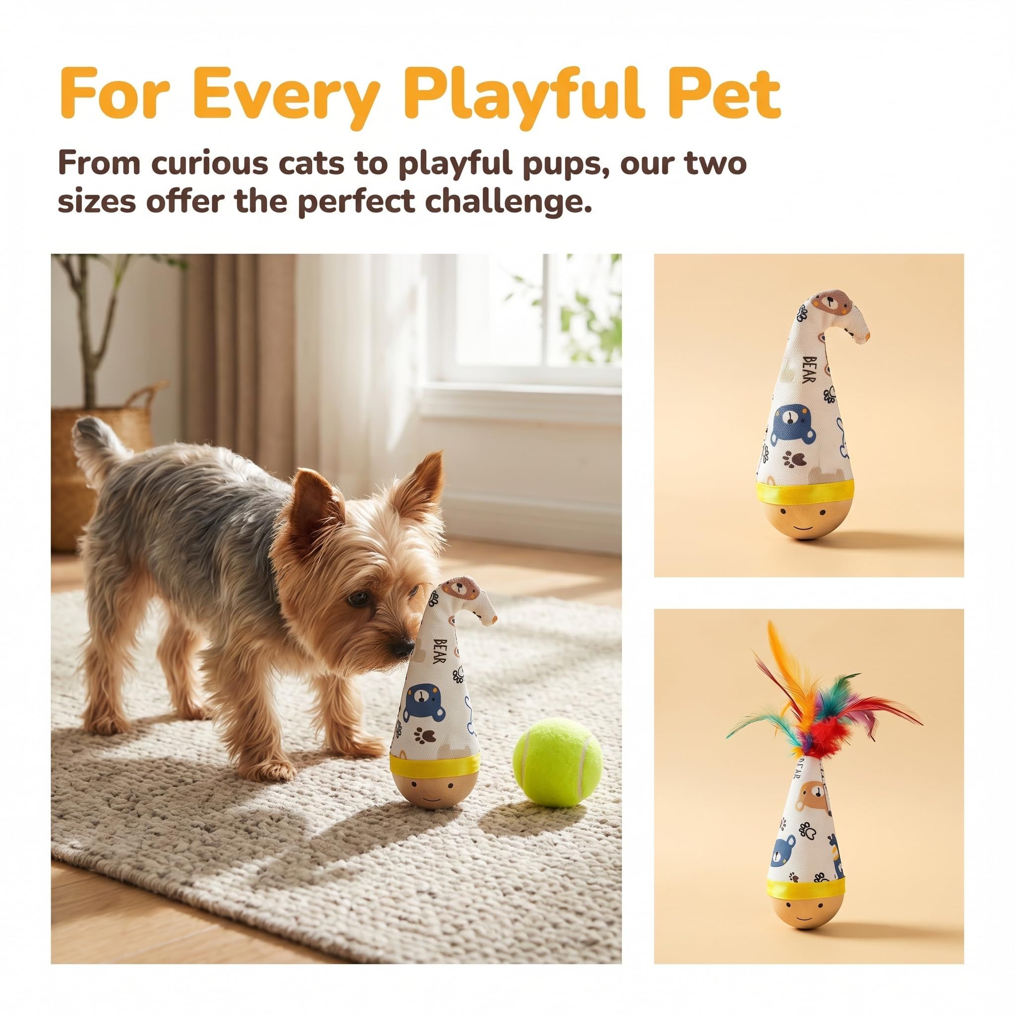 Self-Righting Pet Toy with Natural Wood Base and Durable Fabric Top view 6