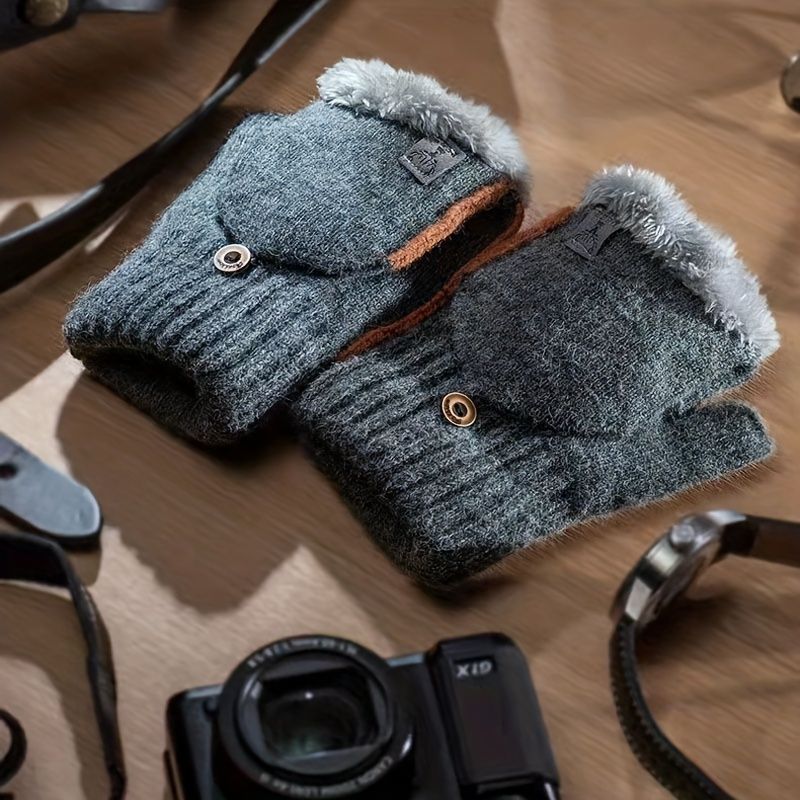 Men's Thick Knitted Flip-Top Gloves with Plush Lining view 6