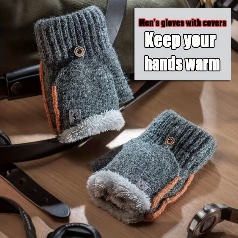 Men's Thick Knitted Flip-Top Gloves with Plush Lining view 3
