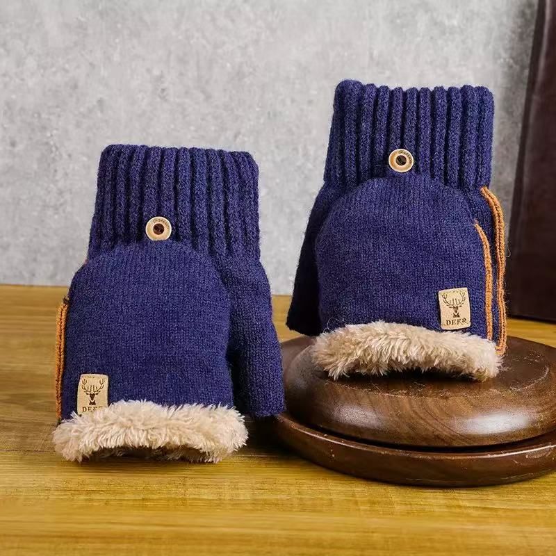 Men's Thick Knitted Flip-Top Gloves with Plush Lining view 7