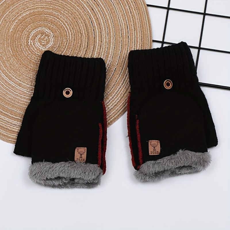 Men's Thick Knitted Flip-Top Gloves with Plush Lining view 8